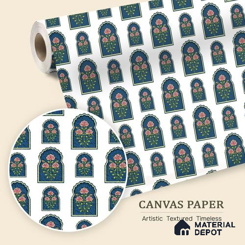 Traditional Mughal Floral Pattern Wallpaper with Decorative Jharoka Elements | WP 05258 Canvas | 250 GSM WP01CNF Paper | (MOQ = 30 Sq. Ft.)
