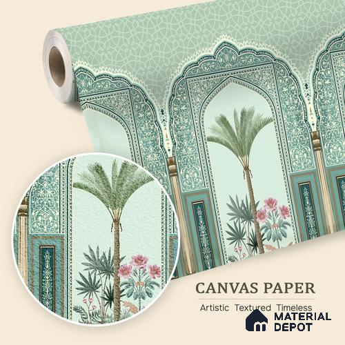 Traditional Mughal Garden Illustration Wallpaper with Ornamental Arches and Trees | WP 05260 Canvas | 250 GSM WP01CNF Paper | (MOQ = 30 Sq. Ft.)