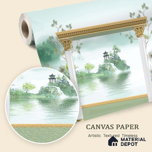 Watercolor Garden Arch Wallpaper with Peacock Mountain Lake and Serene Landscape | WP 05261 Canvas | 250 GSM WP01CNF Paper | (MOQ = 30 Sq. Ft.)
