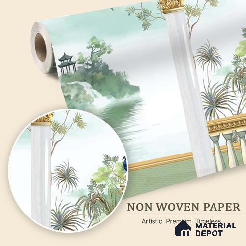 Watercolor Garden Arch Wallpaper with Peacock Mountain Lake and Serene Landscape | WP 05261 B Non Woven | 150 GSM WP01MTF Paper | (MOQ = 30 Sq. Ft.)