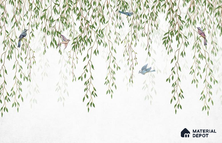 Graceful Willow Branches Wallpaper with Birds Flying Across a Pure White Background Wallpaper | Material Depot
