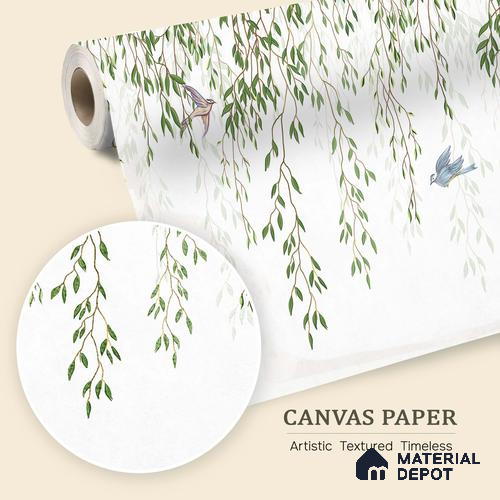 Graceful Willow Branches Wallpaper with Birds Flying Across a Pure White Background | WP 05280 Canvas | 250 GSM WP01CNF Paper | (MOQ = 30 Sq. Ft.)