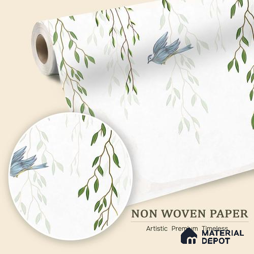 Graceful Willow Branches Wallpaper with Birds Flying Across a Pure White Background | WP 05280 B Non Woven | 150 GSM WP01MTF Paper | (MOQ = 30 Sq. Ft.)