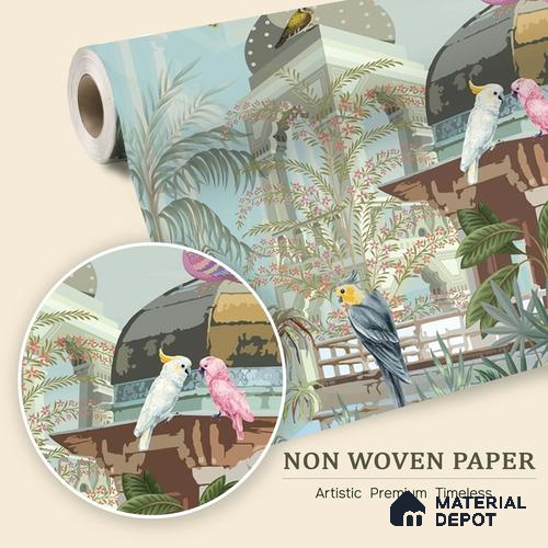 Mughal Forest Garden Illustration Wallpaper with Regal Plant Arches and Birds | WP 05284 B Non Woven | 150 GSM WP01MTF Paper | (MOQ = 30 Sq. Ft.)