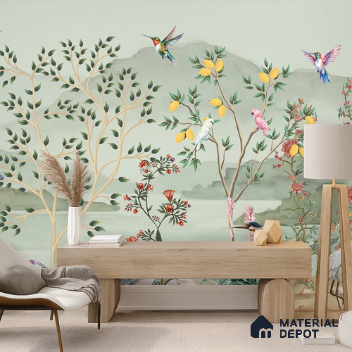 Songbirds of the Lemon Grove Artistic Charm Designer | WP 03998 B Canvas Texture Finish Tropical Style luxurious Customized size Wallpaper | 250 GSM WP01CNF Paper | (MOQ = 30 Sq. Ft.)