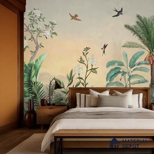 Golden Dawn Tropical Bird Garden Ornate Birds Chinoserie Classic | WP 03945 B Canvas Texture Finish Chinoiserie Style luxurious Customized size Wallpaper | 250 GSM WP01CNF Paper | (MOQ = 30 Sq. Ft.)