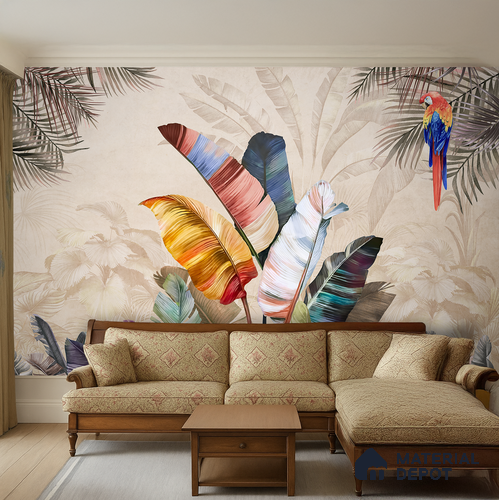 Feathers of the Painted Tropical Mist Nature Art | WP 04001 B Canvas Texture Finish Tropical Style luxurious Customized size Wallpaper | 250 GSM WP01CNF Paper | (MOQ = 30 Sq. Ft.) | Design change not possible