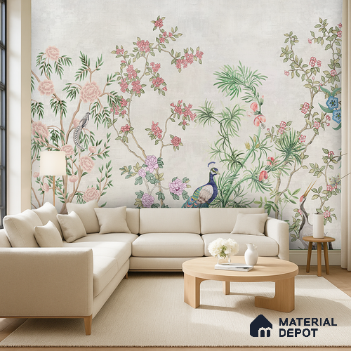Antique Ivory Imperial Garden Court Orient Bloom Chinoserie Pattern | WP 03941 B Canvas Texture Finish Chinoiserie Style luxurious Customized size Wallpaper | 250 GSM WP01CNF Paper | (MOQ = 30 Sq. Ft.) | Design change not possible