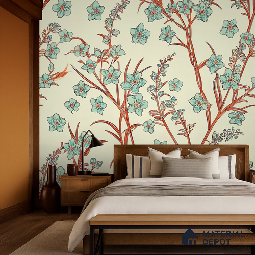 Vintage Mint Blossom Vine Artistic Charm Designer | WP 03948 B Canvas Texture Finish Florals Style luxurious Customized size Wallpaper | 250 GSM WP01CNF Paper | (MOQ = 30 Sq. Ft.)