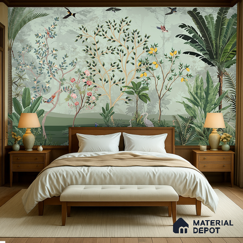 Green Orchard Court Mughal Tropics Chinoserie Mural | WP 03942 B Canvas Texture Finish Chinoiserie Style luxurious Customized size Wallpaper | 250 GSM WP01CNF Paper | (MOQ = 30 Sq. Ft.)