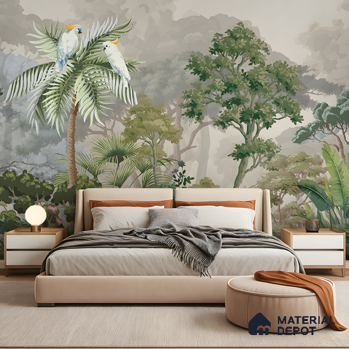Misty Palm Canopy Parrot Tropical Nature Art | WP 03953 B Canvas Texture Finish Tropical Style luxurious Customized size Wallpaper | 250 GSM WP01CNF Paper | (MOQ = 30 Sq. Ft.)