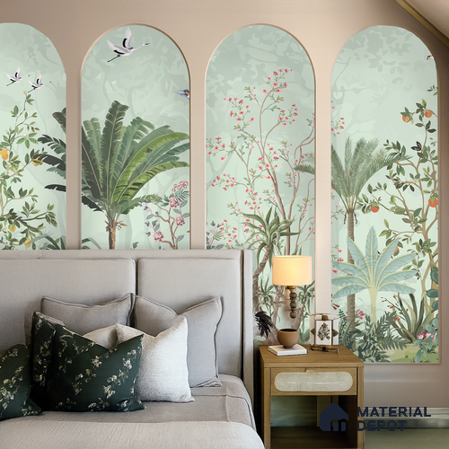 Birdsong Botanical Forest Tropical Petals Wall Mural | WP 03949 B Canvas Texture Finish Chinoiserie Style luxurious Customized size Wallpaper | 250 GSM WP01CNF Paper | (MOQ = 30 Sq. Ft.)