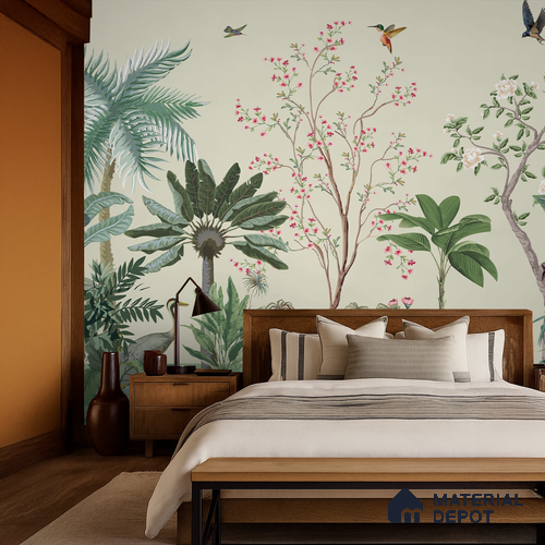 Soft Green Botanical Aviary Dreamy Artistic | WP 03951 Non Woven Matte Finish Chinoiserie Style Premium Customized size Wallpaper | 150 GSM WP01MTF Paper | (MOQ = 30 Sq. Ft.)