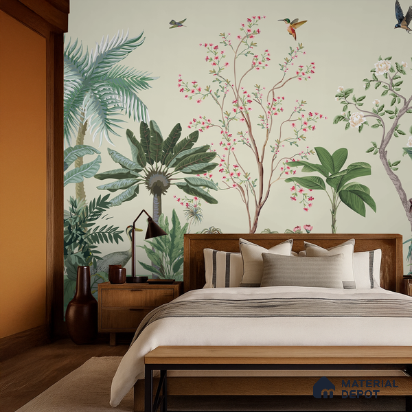 Soft Green Botanical Aviary Dreamy Artistic | WP 03951 Non Woven Matte Finish Chinoiserie Style Premium Customized size Wallpaper | 150 GSM WP01MTF Paper | (MOQ = 30 Sq. Ft.)