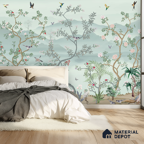 Whispering Garden Hillscape Artistic Charm Designer | WP 03964 Non Woven Matte Finish Chinoiserie Style Premium Customized size Wallpaper | 150 GSM WP01MTF Paper | (MOQ = 30 Sq. Ft.)