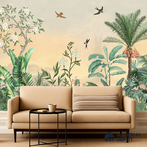 Golden Dawn Tropical Bird Garden Ornate Birds Chinoserie Classic | WP 03945 Non Woven Matte Finish Chinoiserie Style Premium Customized size Wallpaper | 150 GSM WP01MTF Paper | (MOQ = 30 Sq. Ft.)