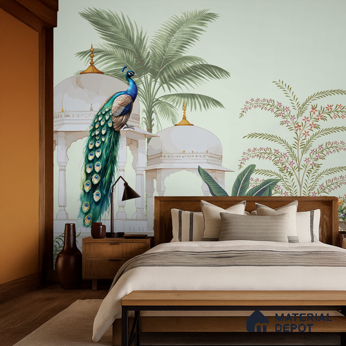 Peacock Pavilion Garden Artistic Charm Designer | WP 03968 B Canvas Texture Finish Chinoiserie Style luxurious Customized size Wallpaper | 250 GSM WP01CNF Paper | (MOQ = 30 Sq. Ft.)