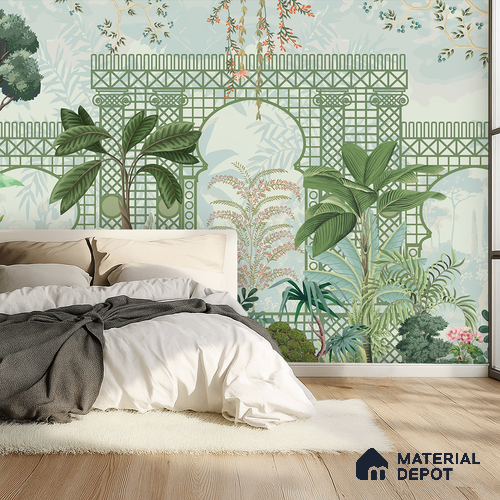 Verdant Lattice Garden Dreamy Artistic | WP 03970 B Canvas Texture Finish Tropical Style luxurious Customized size Wallpaper | 250 GSM WP01CNF Paper | (MOQ = 30 Sq. Ft.)
