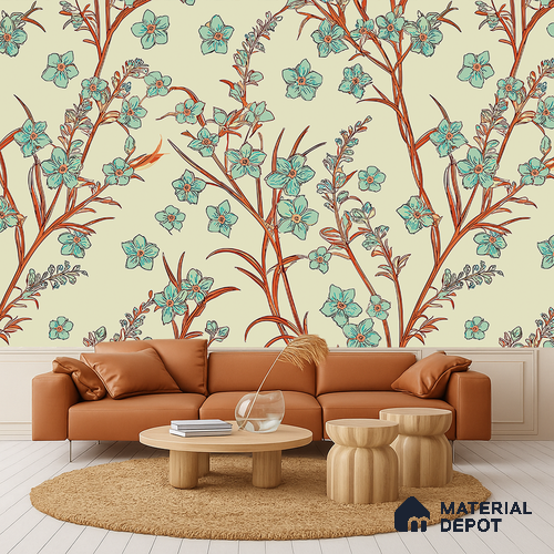 Vintage Mint Blossom Vine Artistic Charm Designer | WP 03948 Non Woven Matte Finish Florals Style Premium Customized size Wallpaper | 150 GSM WP01MTF Paper | (MOQ = 30 Sq. Ft.)