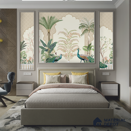 Peacock Veranda Royale Artistic Charm Designer | WP 03975 Non Woven Matte Finish Chinoiserie Style Premium Customized size Wallpaper | 150 GSM WP01MTF Paper | (MOQ = 30 Sq. Ft.)