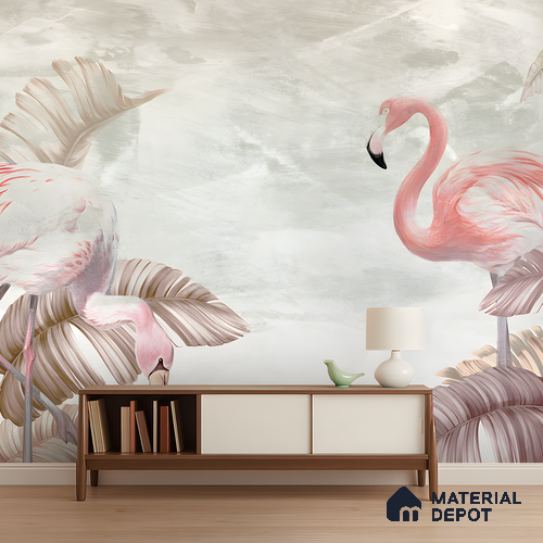 Blush Flamingo Palm Serenity Tropical Mist Nature Art | WP 03960 Non Woven Matte Finish Tropical Style Premium Customized size Wallpaper | 150 GSM WP01MTF Paper | (MOQ = 30 Sq. Ft.) | Design change not possible