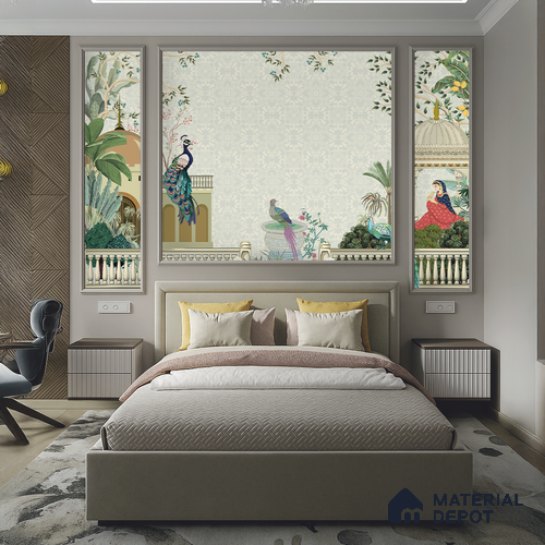 Rani’s Courtyard Reverie Artistic Charm Designer | WP 03976 Non Woven Matte Finish Tropical Style Premium Customized size Wallpaper | 150 GSM WP01MTF Paper | (MOQ = 30 Sq. Ft.)