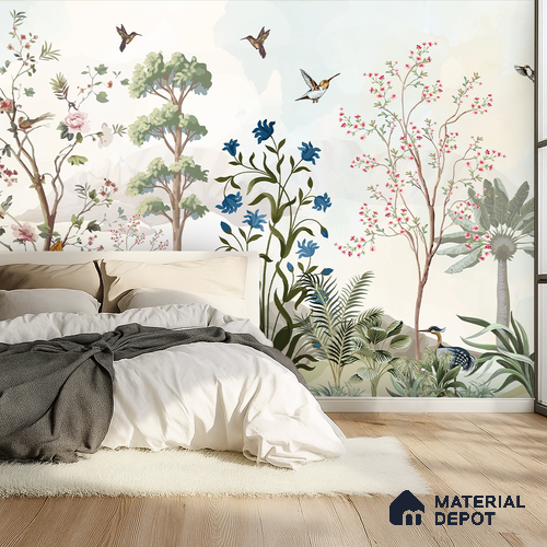 Blue Bloom Sanctuary Artistic Charm Designer | WP 03977 B Canvas Texture Finish Chinoiserie Style luxurious Customized size Wallpaper | 250 GSM WP01CNF Paper | (MOQ = 30 Sq. Ft.)