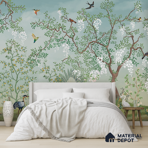White Blossom Aviary Meadow Tropical Mist Nature Art | WP 03950 B Canvas Texture Finish Tropical Style luxurious Customized size Wallpaper | 250 GSM WP01CNF Paper | (MOQ = 30 Sq. Ft.)