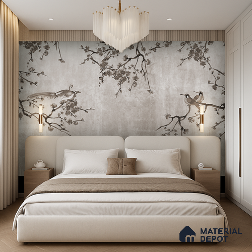 Ink Blossom Bird Reverie Chinoserie Mural Art | WP 03954 Non Woven Matte Finish Chinoiserie Style Premium Customized size Wallpaper | 150 GSM WP01MTF Paper | (MOQ = 30 Sq. Ft.) | Design change not possible