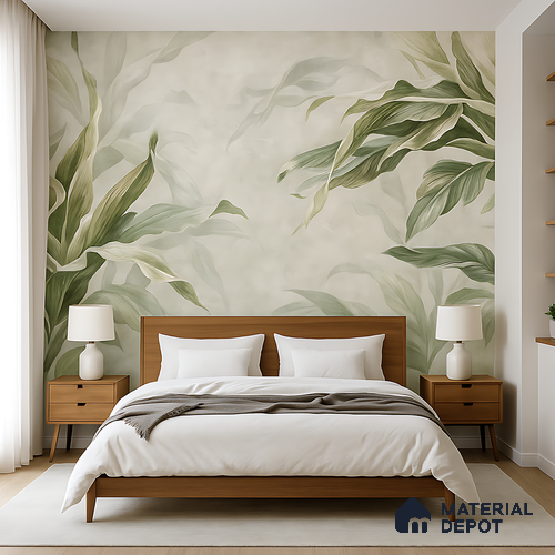Soft Botanical Brushstroke Leaves Leafy Hues Wall Art | WP 03963 B Canvas Texture Finish Tropical Style luxurious Customized size Wallpaper | 250 GSM WP01CNF Paper | (MOQ = 30 Sq. Ft.) | Design change not possible