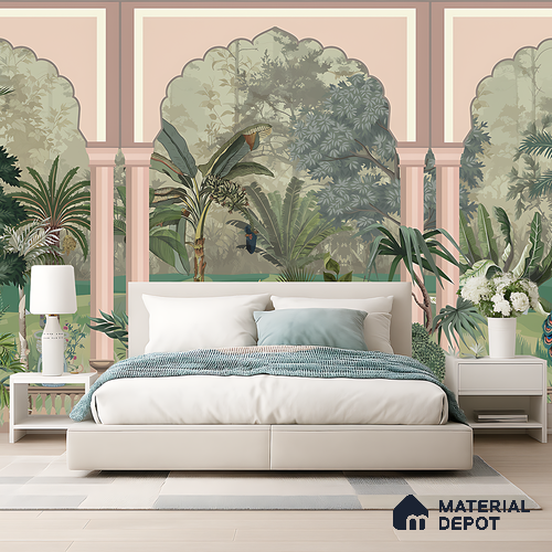 Royal Garden Arcade with Peacocks Artistic Charm Designer | WP 03966 B Canvas Texture Finish Tropical Style luxurious Customized size Wallpaper | 250 GSM WP01CNF Paper | (MOQ = 30 Sq. Ft.)
