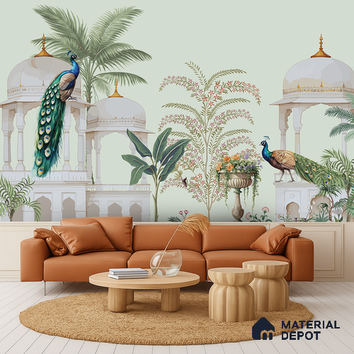 Peacock Pavilion Garden Artistic Charm Designer | WP 03968 Non Woven Matte Finish Chinoiserie Style Premium Customized size Wallpaper | 150 GSM WP01MTF Paper | (MOQ = 30 Sq. Ft.)