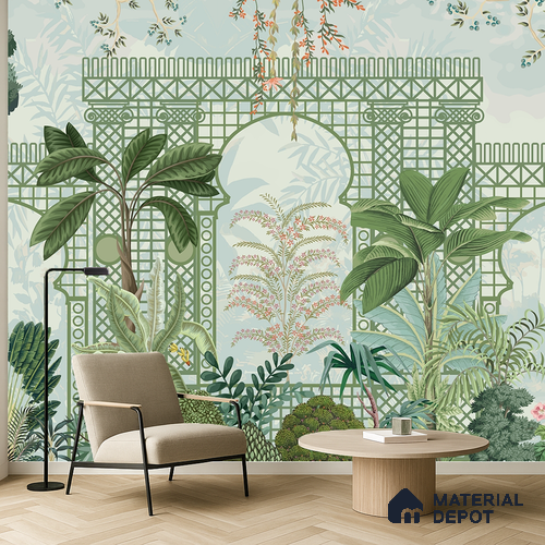 Verdant Lattice Garden Dreamy Artistic | WP 03970 Non Woven Matte Finish Tropical Style Premium Customized size Wallpaper | 150 GSM WP01MTF Paper | (MOQ = 30 Sq. Ft.)