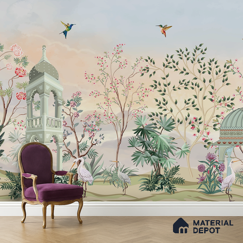 Blossom Pavilion Birdscape Orient Chinoserie Pattern | WP 03973 B Canvas Texture Finish Chinoiserie Style luxurious Customized size Wallpaper | 250 GSM WP01CNF Paper | (MOQ = 30 Sq. Ft.)