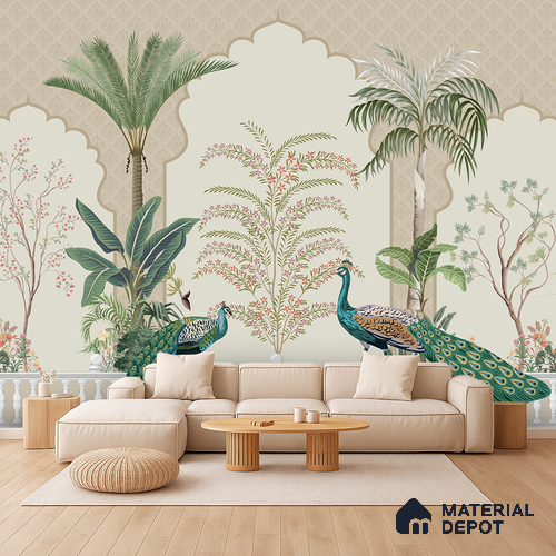 Peacock Veranda Royale Artistic Charm Designer | WP 03975 B Canvas Texture Finish Chinoiserie Style luxurious Customized size Wallpaper | 250 GSM WP01CNF Paper | (MOQ = 30 Sq. Ft.)