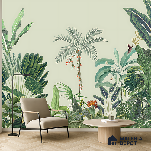 Verdant Palm Symphony Artistic Charm Designer | WP 03974 B Canvas Texture Finish Tropical Style luxurious Customized size Wallpaper | 250 GSM WP01CNF Paper | (MOQ = 30 Sq. Ft.)
