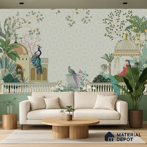 Rani’s Courtyard Reverie Artistic Charm Designer | WP 03976 B Canvas Texture Finish Tropical Style luxurious Customized size Wallpaper | 250 GSM WP01CNF Paper | (MOQ = 30 Sq. Ft.)