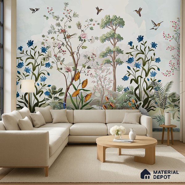 Blue Bloom Sanctuary Artistic Charm Designer | WP 03977 Non Woven Matte Finish Chinoiserie Style Premium Customized size Wallpaper | 150 GSM WP01MTF Paper | (MOQ = 30 Sq. Ft.)