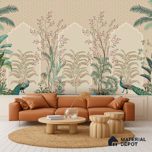 Blossom Veil Jharokha Garden Artistic Charm Designer | WP 03983 B Canvas Texture Finish Chinoiserie Style luxurious Customized size Wallpaper | 250 GSM WP01CNF Paper | (MOQ = 30 Sq. Ft.)