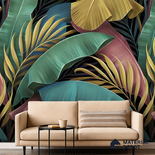 Tropical Rhythm Leafy Hues Botanical Wall Art | WP 04007 B Canvas Texture Finish Tropical Style luxurious Customized size Wallpaper | 250 GSM WP01CNF Paper | (MOQ = 30 Sq. Ft.)