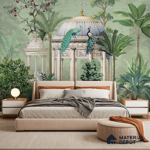 Verdant Pavilion of Peacocks Tropical Mist Nature Art | WP 03990 B Canvas Texture Finish Tropical Style luxurious Customized size Wallpaper | 250 GSM WP01CNF Paper | (MOQ = 30 Sq. Ft.)