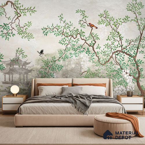 Whispering Grove Chinoserie Blossom Oriental Mural Art | WP 04008 Non Woven Matte Finish Chinoiserie Style Premium Customized size Wallpaper | 150 GSM WP01MTF Paper | (MOQ = 30 Sq. Ft.)