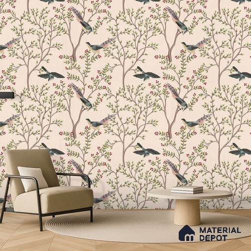 Berrywing Grove Chinoserie Blossom Oriental Mural Art | WP 04012 B Canvas Texture Finish Chinoiserie Style luxurious Customized size Wallpaper | 250 GSM WP01CNF Paper | (MOQ = 30 Sq. Ft.)