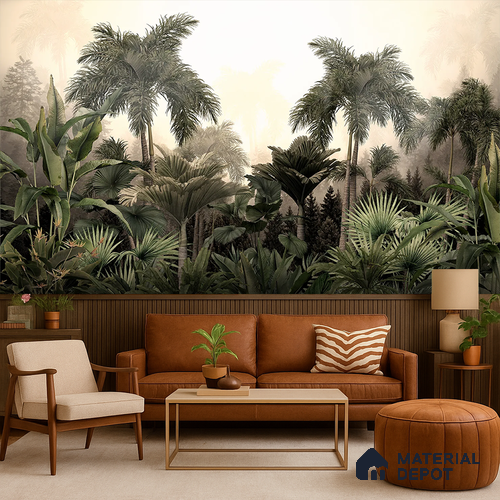 Golden Canopy Dawn Tropical Mist Nature Art | WP 04015 Non Woven Matte Finish Tropical Style Premium Customized size Wallpaper | 150 GSM WP01MTF Paper | (MOQ = 30 Sq. Ft.)