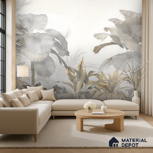 Ivory Palm Haze Tropical Mist Nature Art | WP 04016 Non Woven Matte Finish Tropical Style Premium Customized size Wallpaper | 150 GSM WP01MTF Paper | (MOQ = 30 Sq. Ft.)