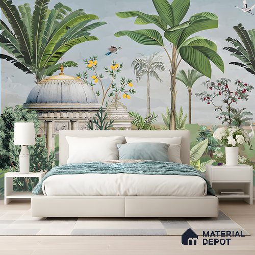 Peacocks of the Garden Pavilion Artistic Charm Designer | WP 04000 Non Woven Matte Finish Tropical Style Premium Customized size Wallpaper | 150 GSM WP01MTF Paper | (MOQ = 30 Sq. Ft.)