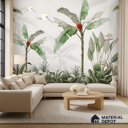Emerald Banana Grove Tropical Mist Nature Art | WP 04018 Non Woven Matte Finish Tropical Style Premium Customized size Wallpaper | 150 GSM WP01MTF Paper | (MOQ = 30 Sq. Ft.)