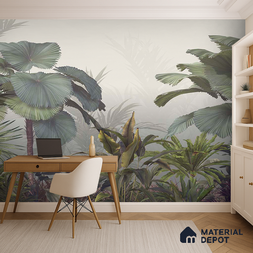 Mistveil Palm Garden Tropical Mist Nature Art | WP 04019 B Canvas Texture Finish Tropical Style luxurious Customized size Wallpaper | 250 GSM WP01CNF Paper | (MOQ = 30 Sq. Ft.)