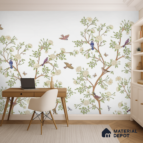 Ivory Branch Serenade Chinoserie Blossom Oriental Mural Art | WP 04020 Non Woven Matte Finish Chinoiserie Style Premium Customized size Wallpaper | 150 GSM WP01MTF Paper | (MOQ = 30 Sq. Ft.)