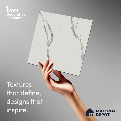White Marble Look LM 02829 White Carrara 8 ft x 4 ft Stonem Finish Decorative Laminate - 1 mm | Suitable for TV Unit, Wardrobe, Kitchen Cabinets